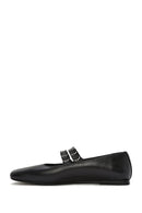 Women's Black Double Buckled Leather Ballerinas | Derimod