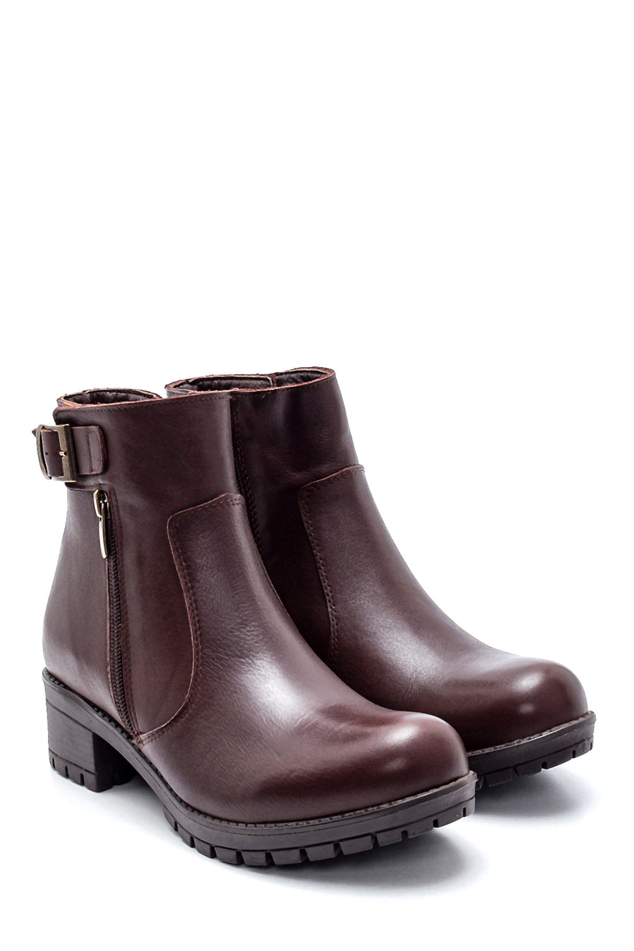 Women's Leather Buckle Detailed Zippered Boots