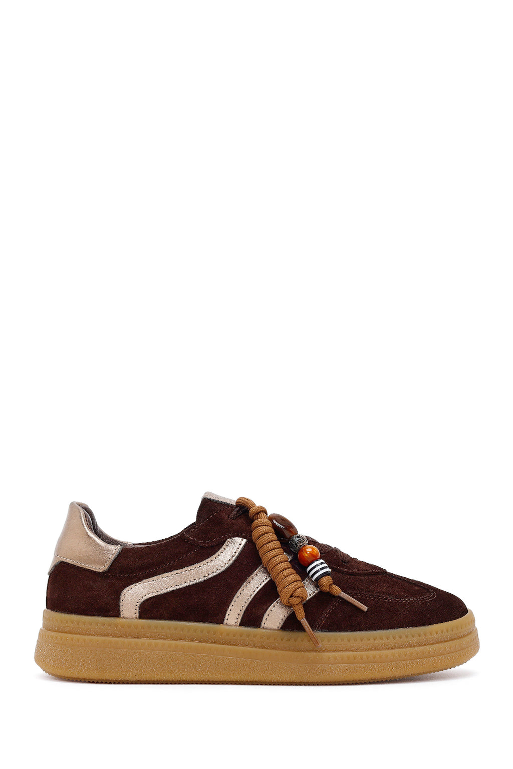 Kadın Kahverengi Bağcıklı Charmlı Süet Deri Sneaker