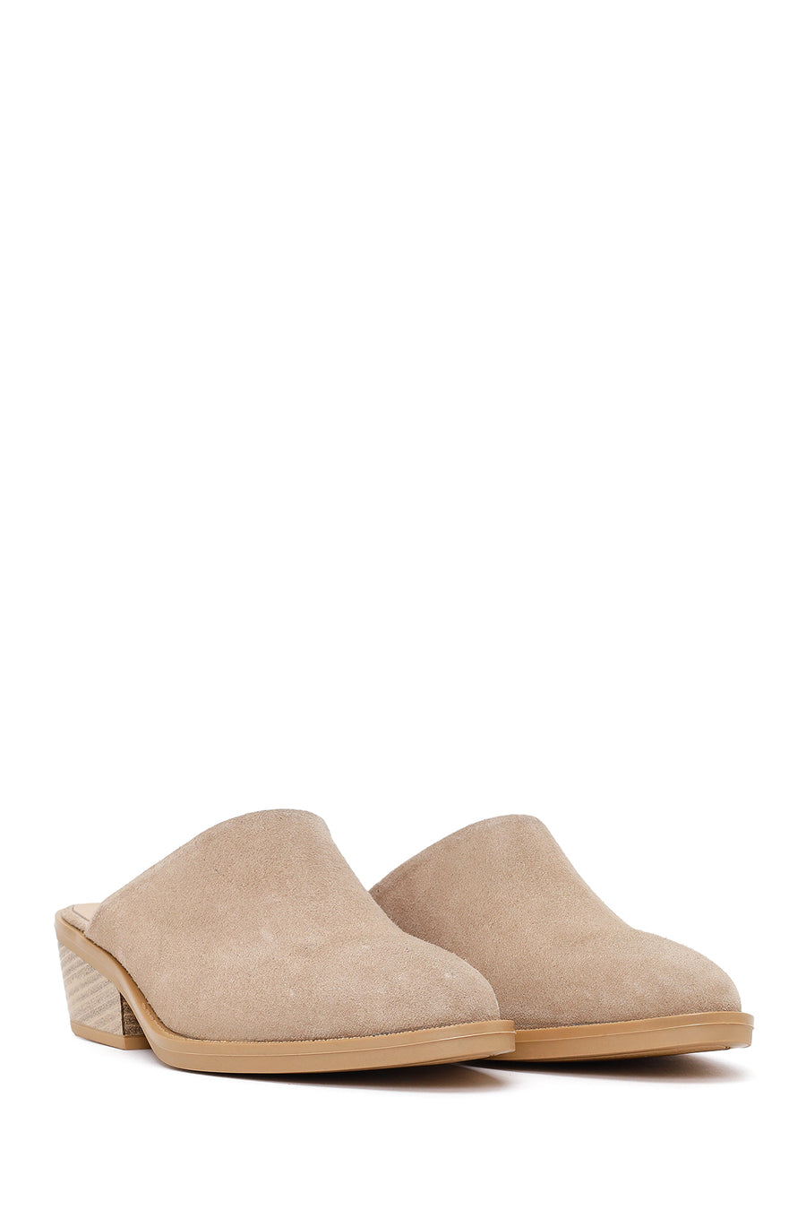 Woman Beige Mule Open Back Chunky Heeled Suede Slipper