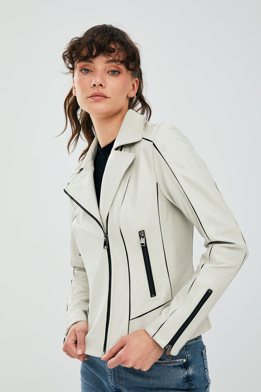Kiara Kadın Bej Slim-Fit Biker Deri Ceket