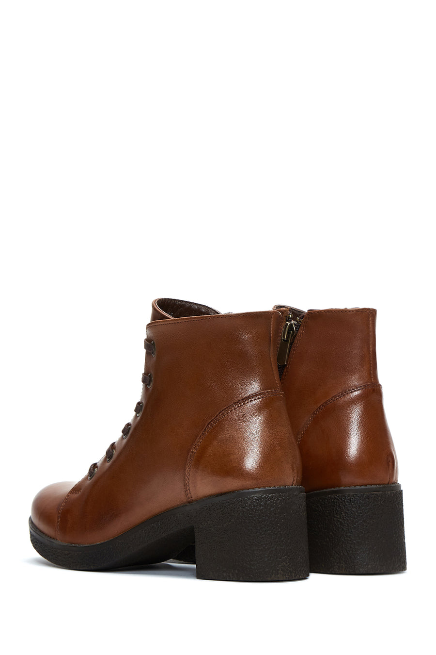 Women's Brown Zippered Thick Heeled Leather Casual Boots