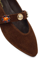 Women's Brown Suede Leather Ballet Flats with Rhinestones | Derimod