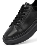 Men's Black Lace-Up Thick-Soled Leather Sneaker | Derimod