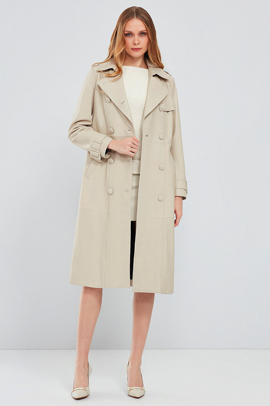 Fergie Women's Beige Long Leather Trench Coat