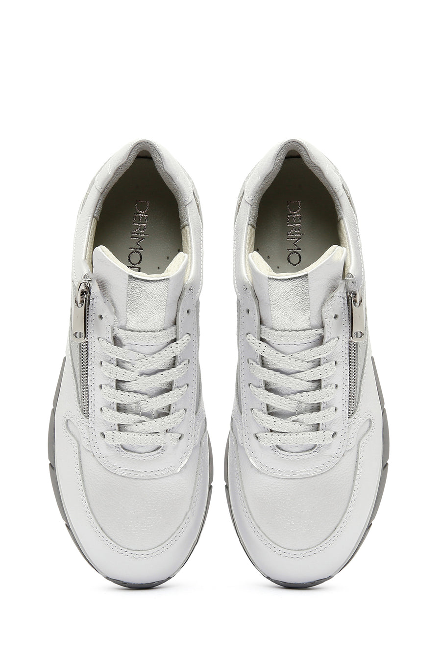 Women's White Lace-Up Side Zipper Leather Sneaker