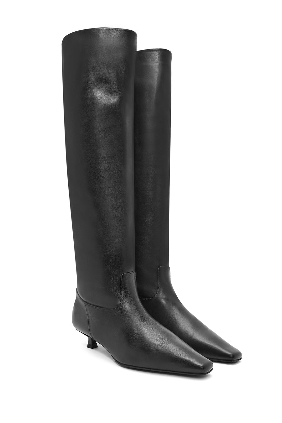 Women's Black Thin Short Heeled Leather Boots