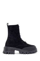 Woman Black Zip Closure Chunky-Heeled Suede Combat Boots | Derimod