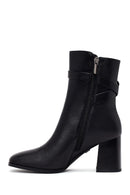 Woman Black Zip Closure Thick-Heeled Leather Boots | Derimod