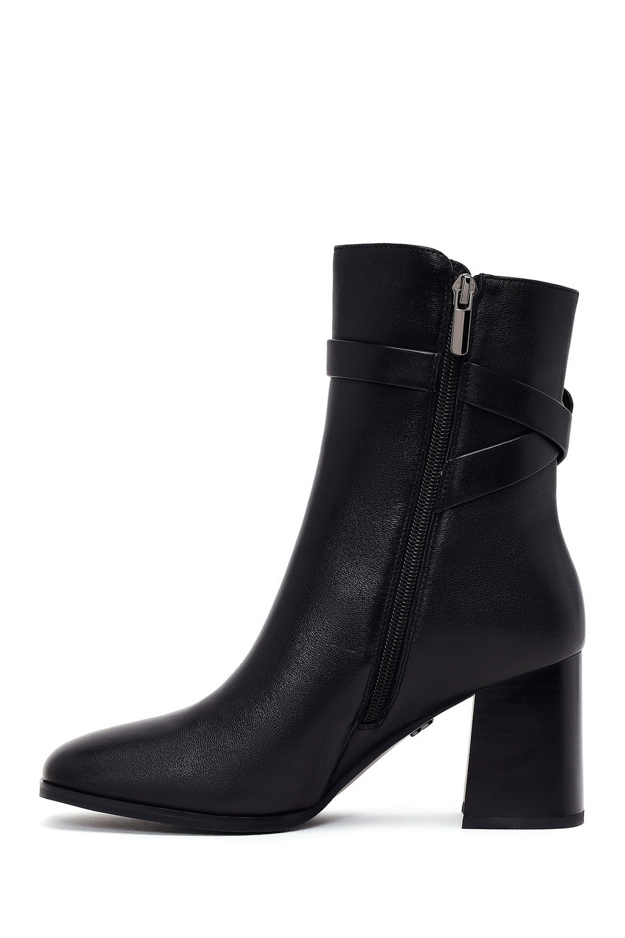 Woman Black Zip Closure Thick-Heeled Leather Boots