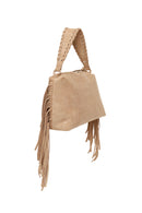 Woman Beige Suede Shoulder Bag with Long Chain Strap and Tassel | Derimod