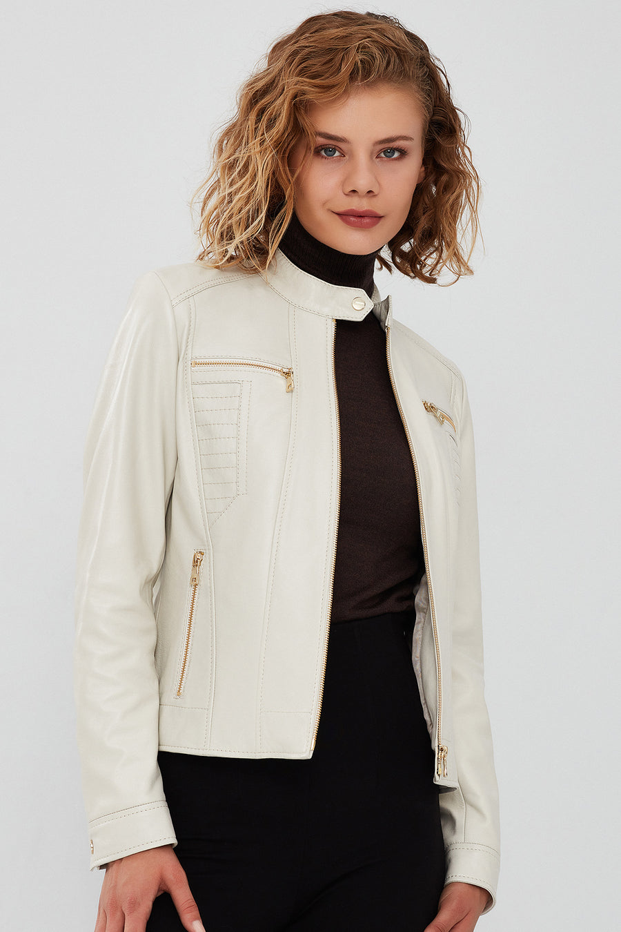 Marlyn Women's Beige Short Leather Jacket