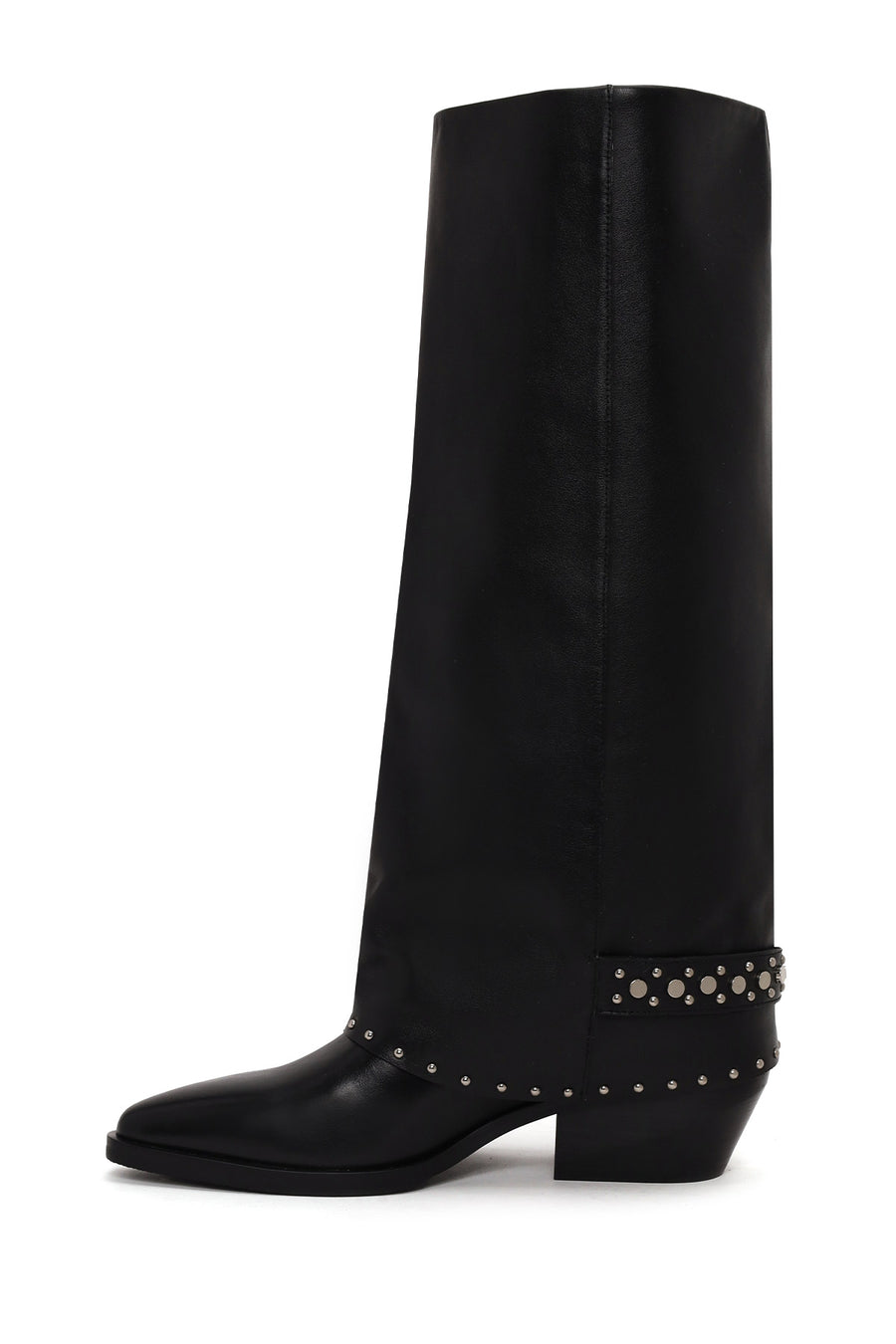 Woman Black Studded Chunky-Heeled Leather Cowboy Boots