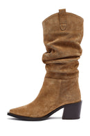 Woman Mink Chunky Heel Suede Leather Cowboy Boots | Derimod