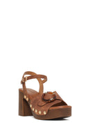 Woman Brown Ankle-Buckle Platform Chunky High-Heel Suede Sandals | Derimod