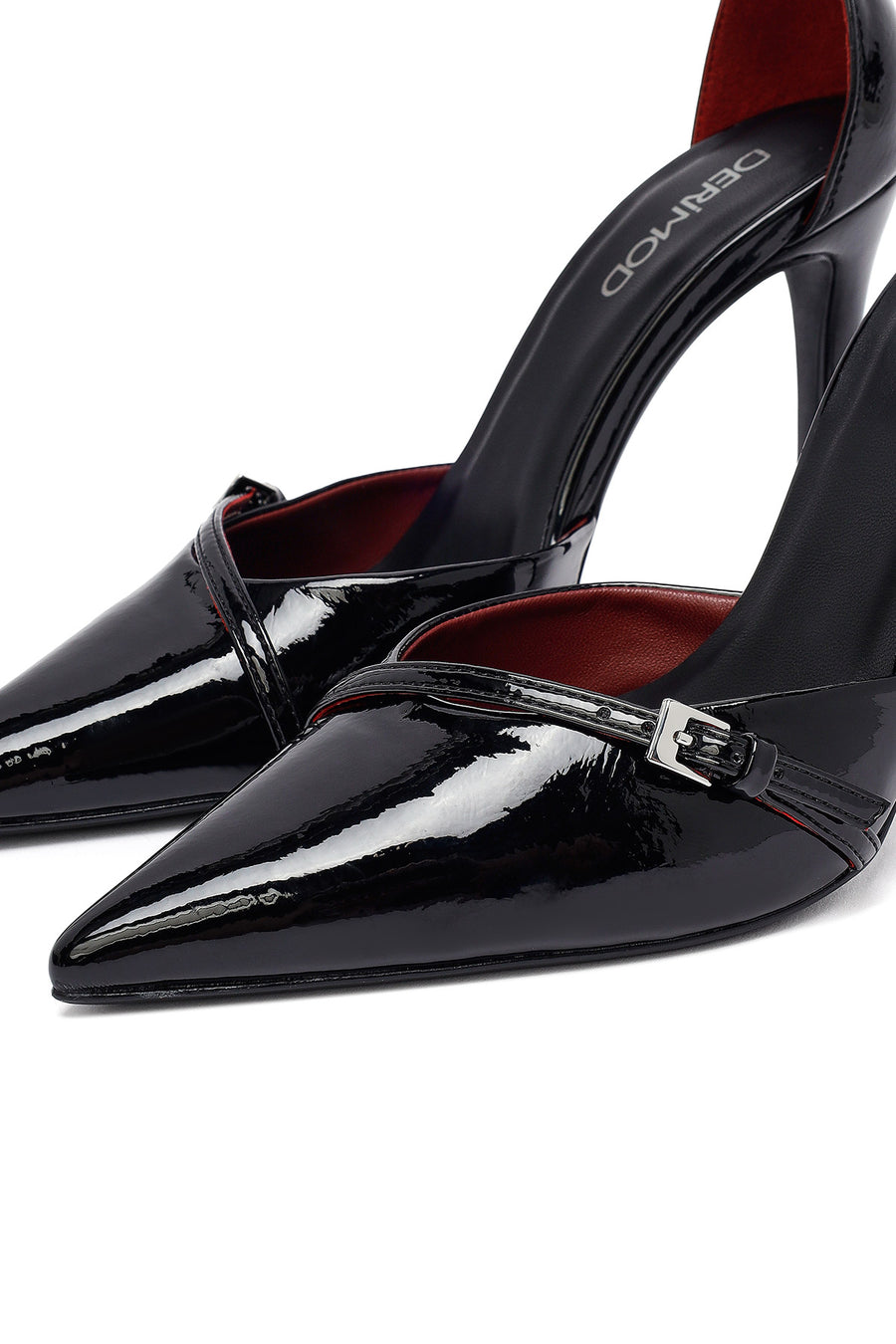 Woman Black Ankle-Strap Buckled High Slim-Heel Patent Leather Stiletto