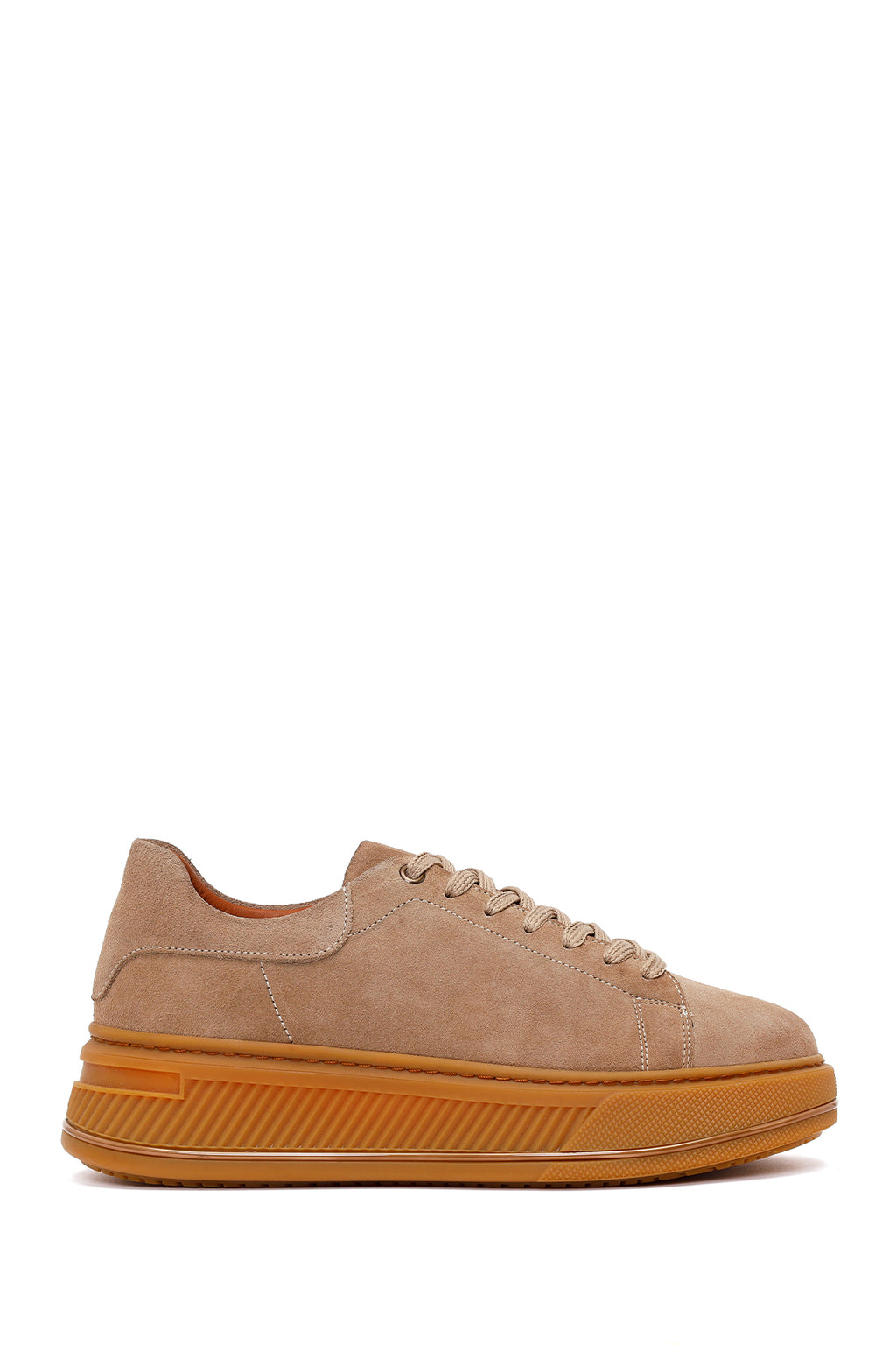 Erkek Bej Bağcıklı Kalın Tabanlı Süet Deri Sneaker