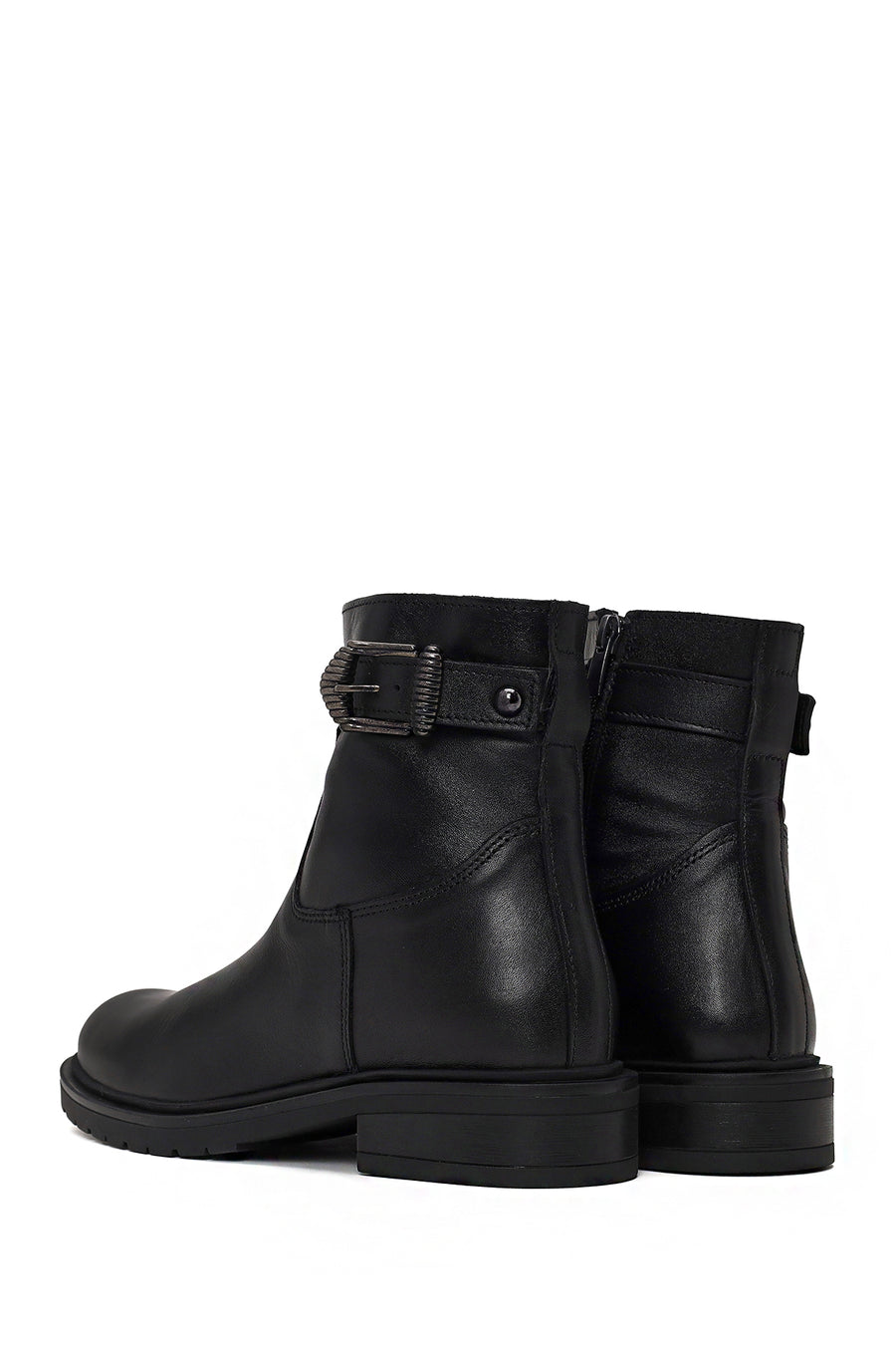 Woman Black Buckled Zip Closure Leather Casual Boots