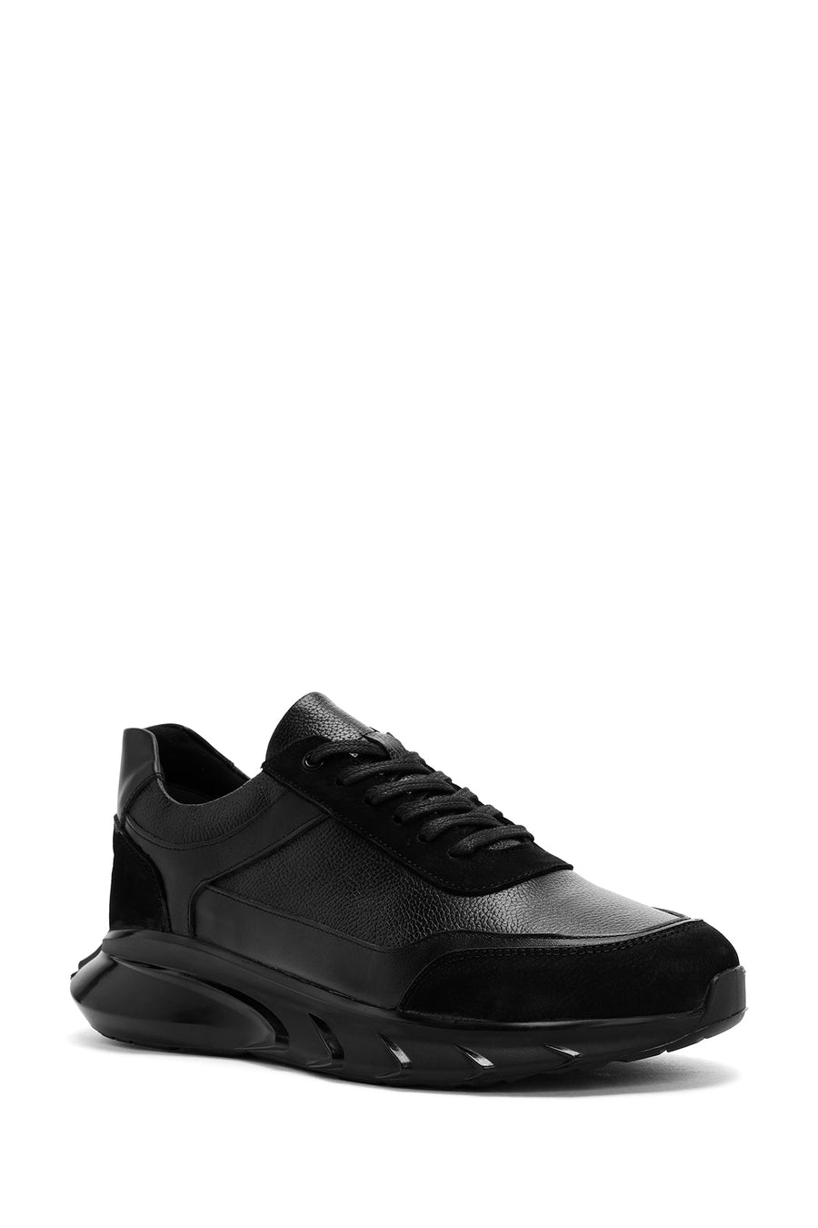 Erkek Siyah Bağcıklı Kalın Tabanlı Deri Casual Sneaker