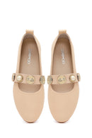 Women's Beige Stoned Leather Ballerinas | Derimod