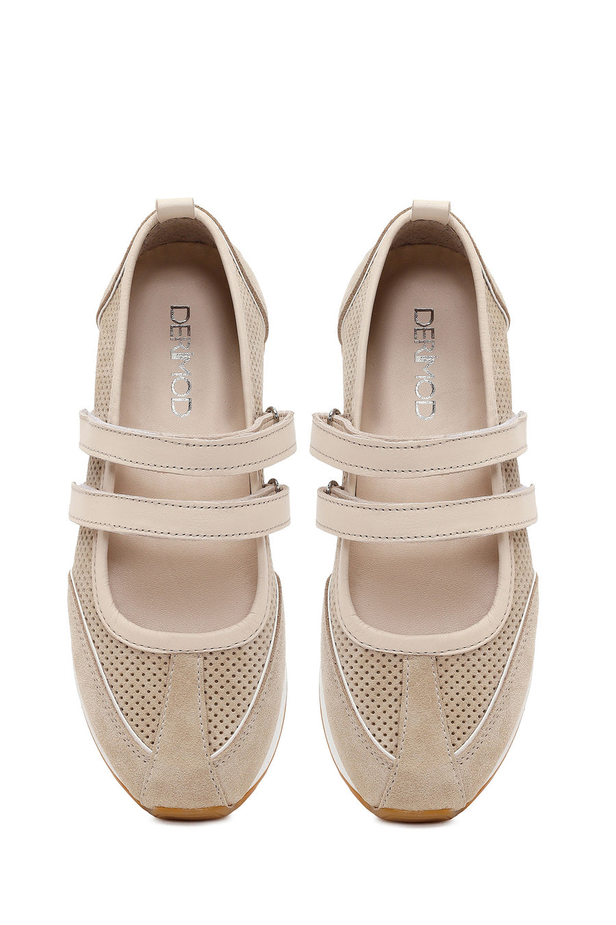 Women's Beige Strapped Suede Leather Ballet Flats