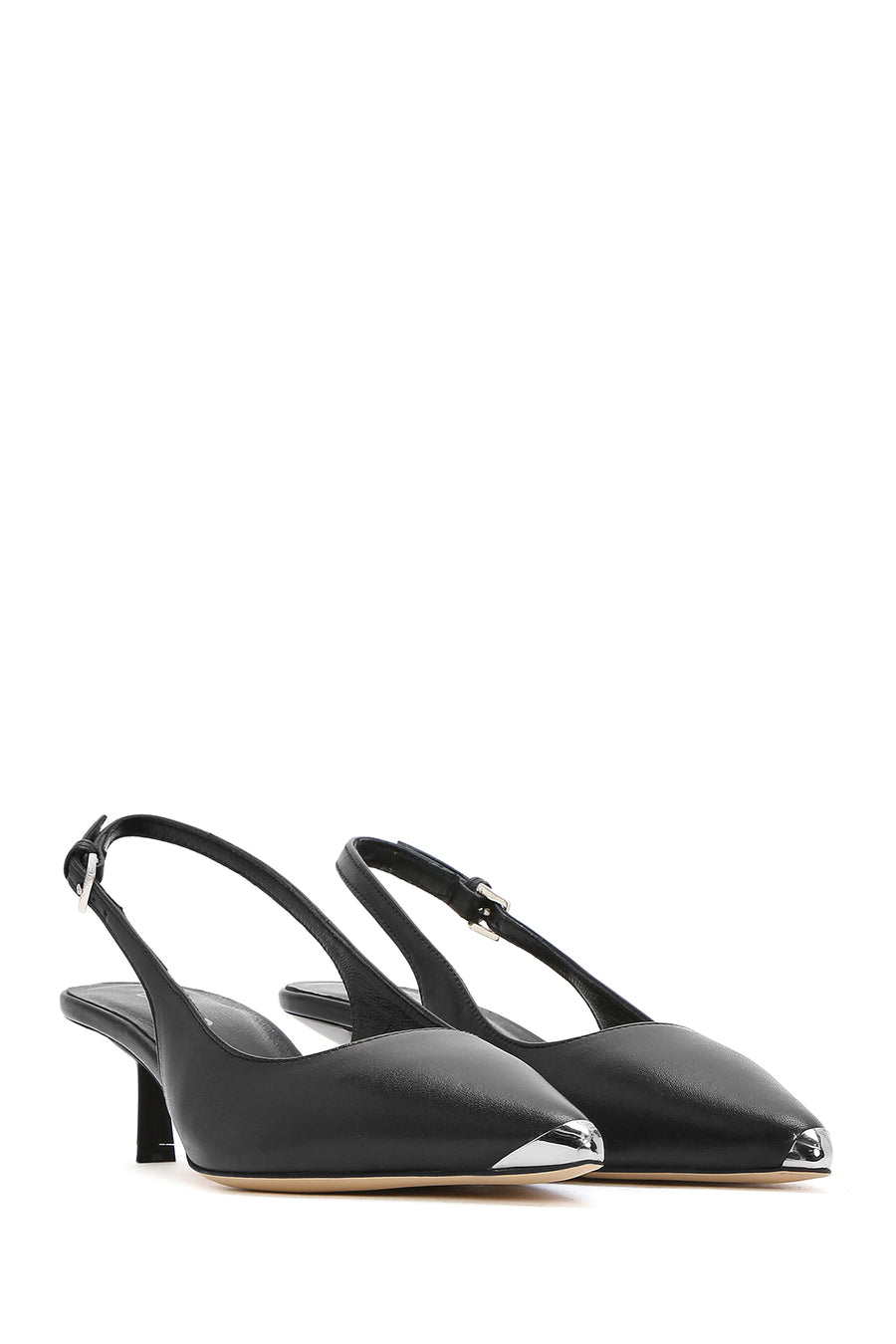 Women's Black Slingback Low Thin Heel Leather Shoes