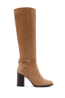 Women's Tan Suede Leather Heeled Boots | Derimod