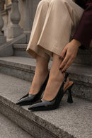 Woman Black Backless Chunky-Heeled Leather Shoes | Derimod
