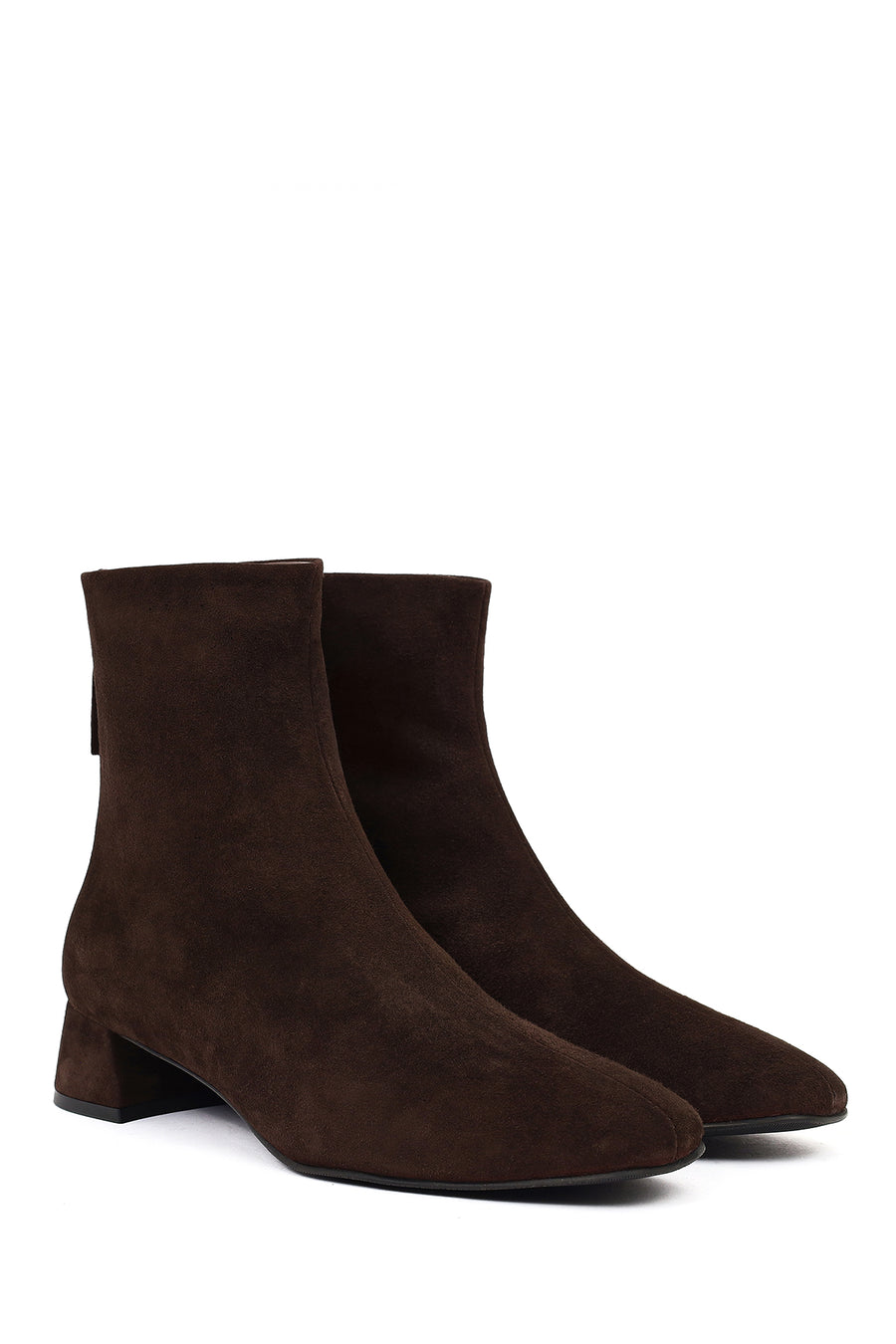 Woman Brown Zip Closure Short Thick-Heeled Suede Boots