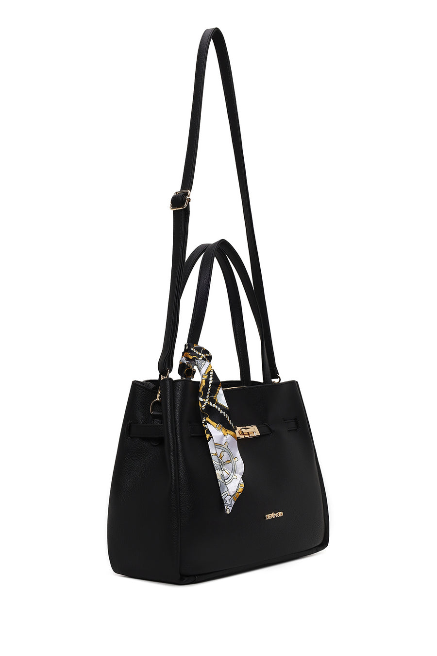 Woman Black Long-Strap Accessorized Classic Shoulder Bag
