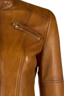 Donna Woman Camel Mandarin Collar Leather Jacket | Derimod