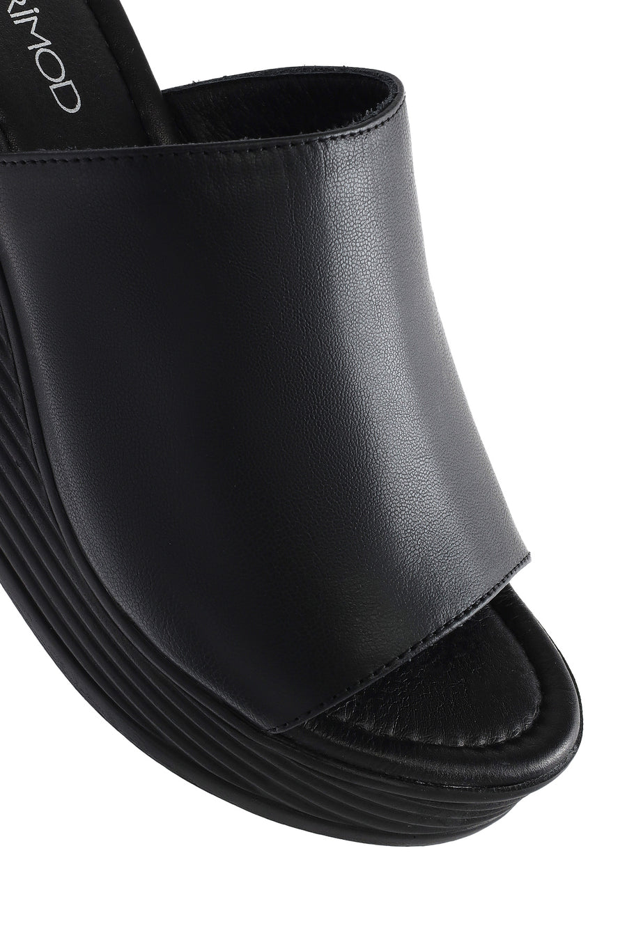 Women's Black Wedge Heeled Leather Slippers