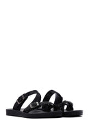 Women's Black Double Buckled Stoned Slippers | Derimod