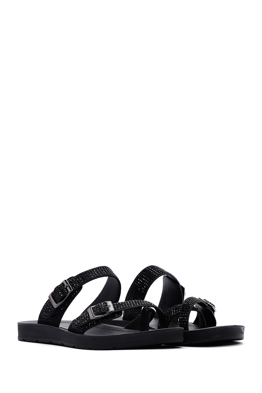 Women's Black Double Buckled Stoned Slippers