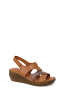 Woman Tan Wedge-Heel Leather Comfort Sandal | Derimod
