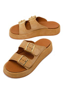 Woman Beige Double-Buckle Thick-Soled Suede Slipper | Derimod