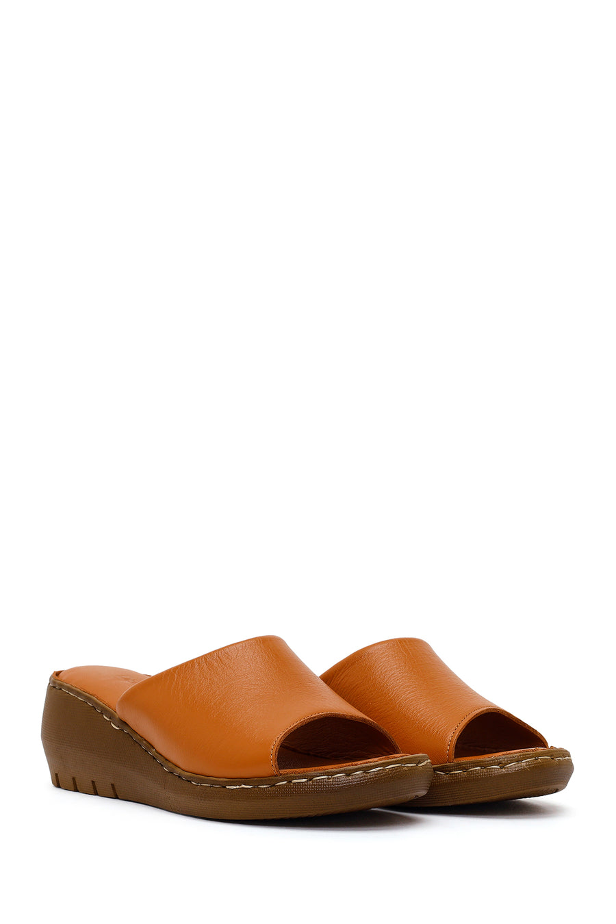 Woman Tan Wedge Heel Leather Comfort Slipper