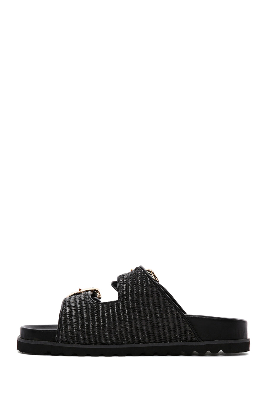 Women's Black Double Buckle Straw Slippers