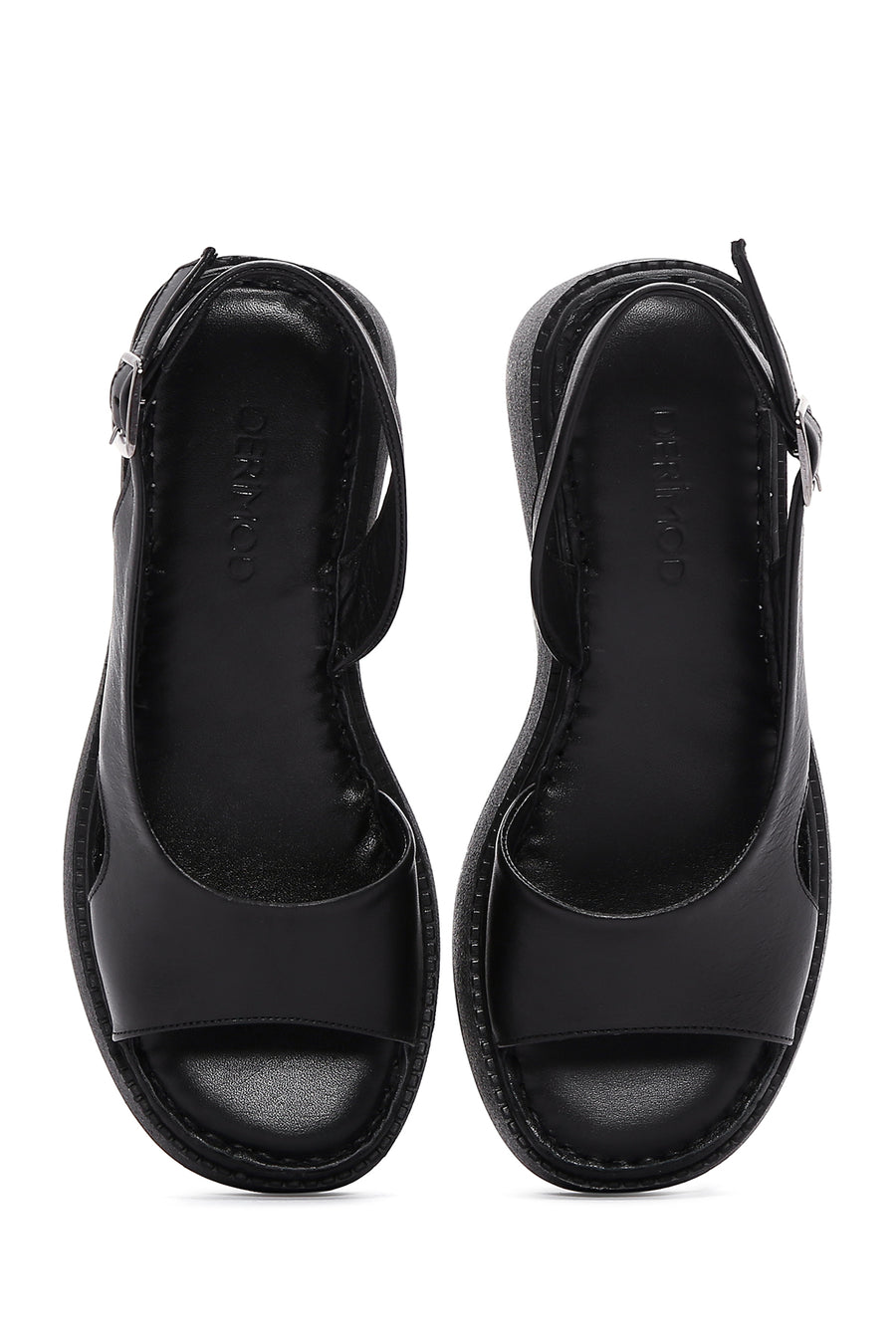 Women's Black Leather Thick-Sole Comfort Sandals
