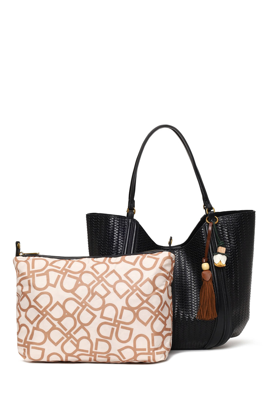 Woman Black Accessorized Printed Shoulder Bag