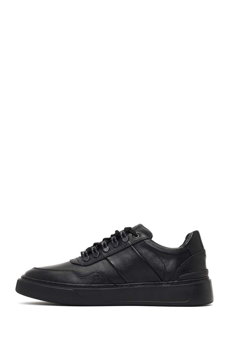 Erkek Siyah Bağcıklı Kalın Tabanlı Deri Sneaker