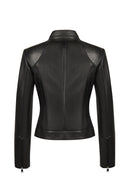 Maya Woman Black Mandarin Collar Leather Jacket | Derimod