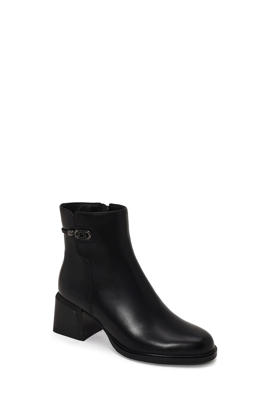 Woman Black Zip Closure Thick-Heeled Leather Boots