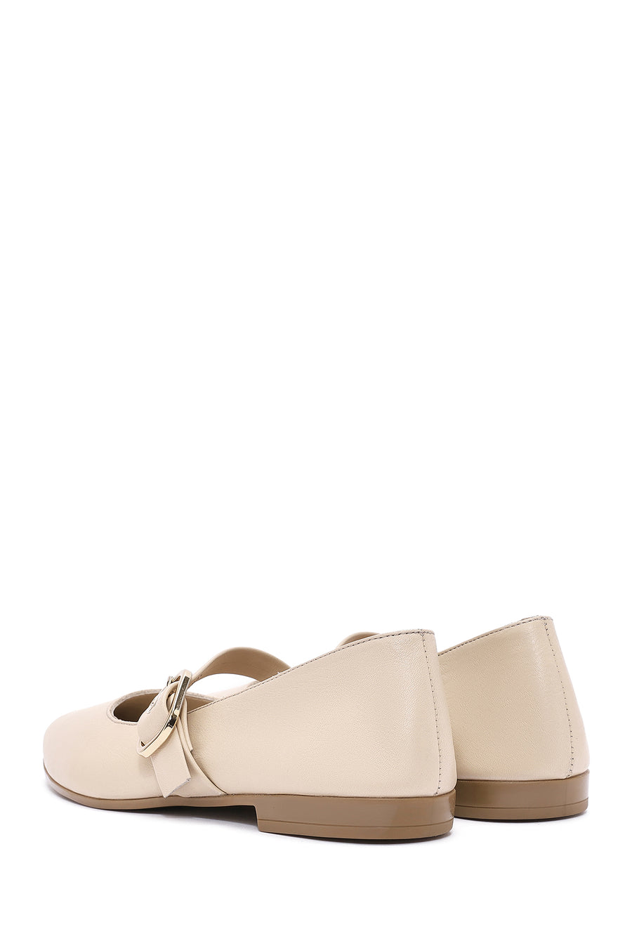 Women's Beige Buckled Leather Ballerinas