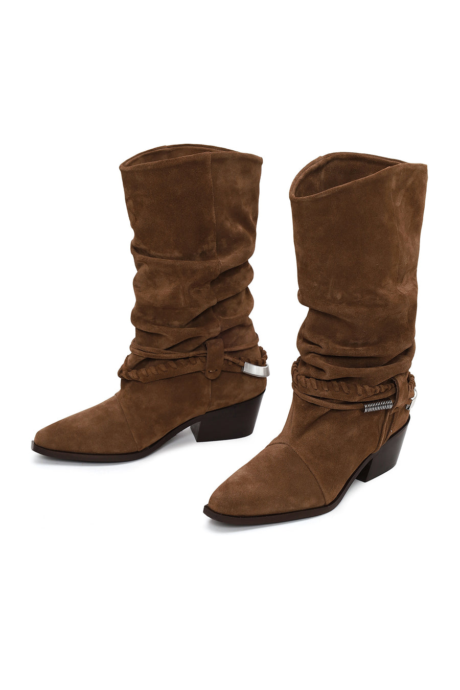 Woman Tan Chunky Heeled Suede Cowboy Boots