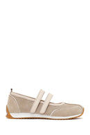 Women's Beige Strapped Suede Leather Ballet Flats | Derimod