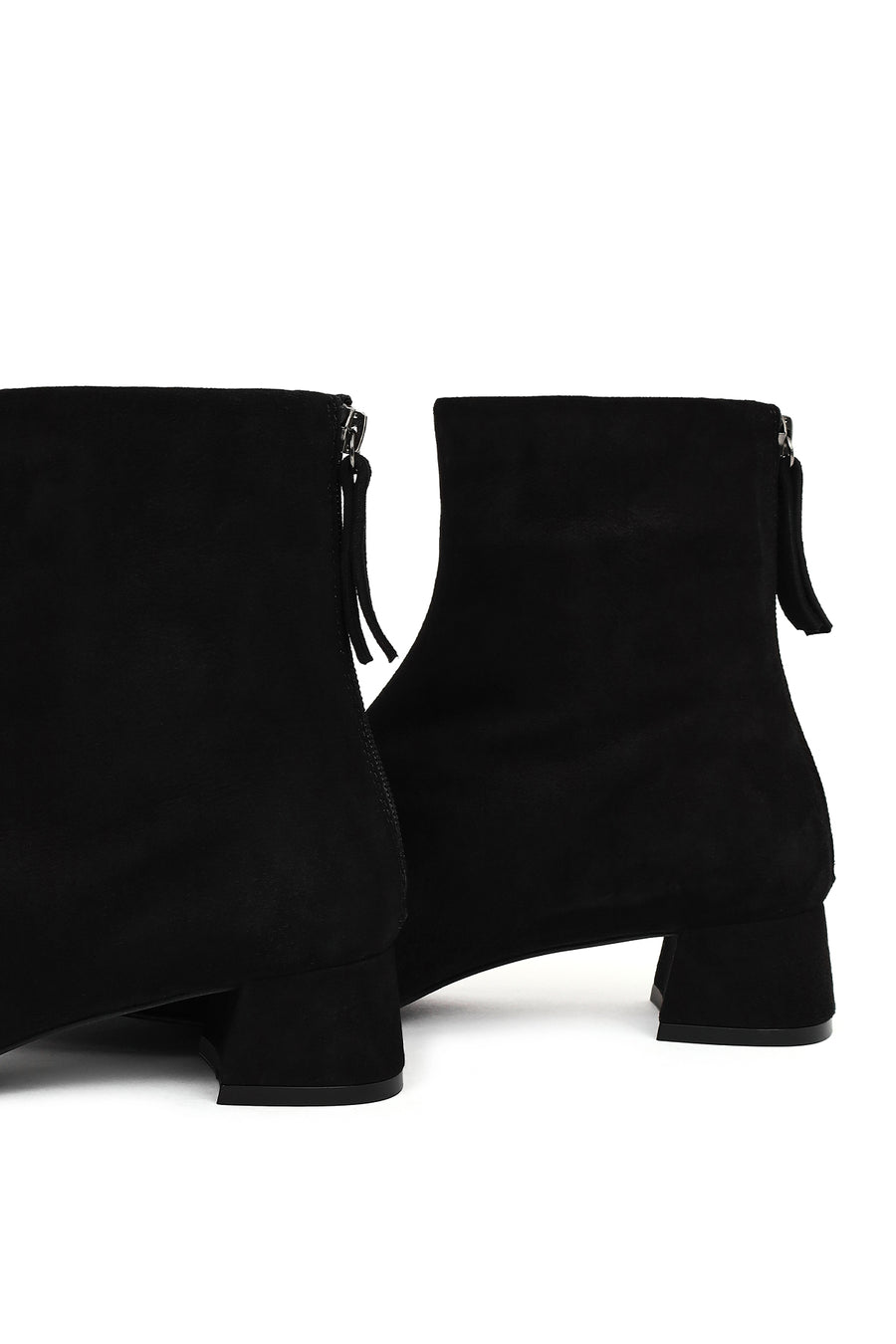 Woman Black Zip Closure Short Thick Heeled Suede Boots