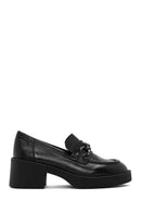 Women's Black Thick Heeled Leather Masculine Loafer | Derimod
