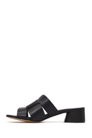 Women's Black Short Thick Heeled Leather Slippers | Derimod