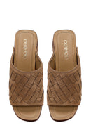 Woman Beige Short Thick-Heeled Suede Slipper | Derimod
